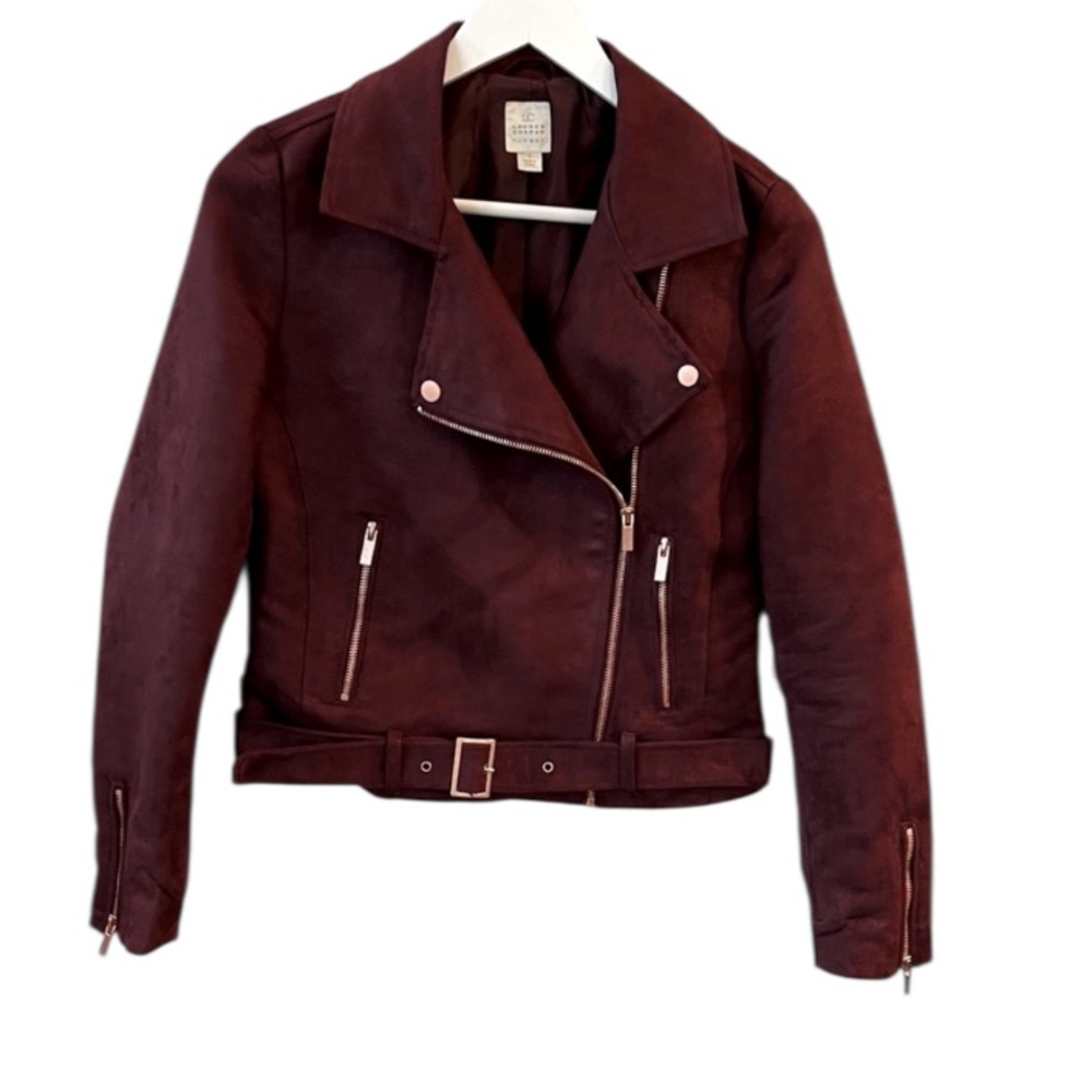 LC Lauren Conrad Vegan Suede Leather Moto Jacket Winetasting Oxblood Red 4 NEW